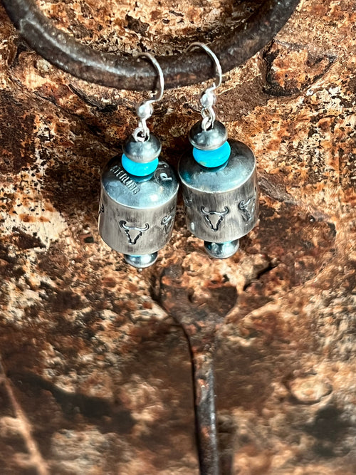 Sterling Silver and Turquoise Handcrafted Barrel Bead Earrings by Preston Haley