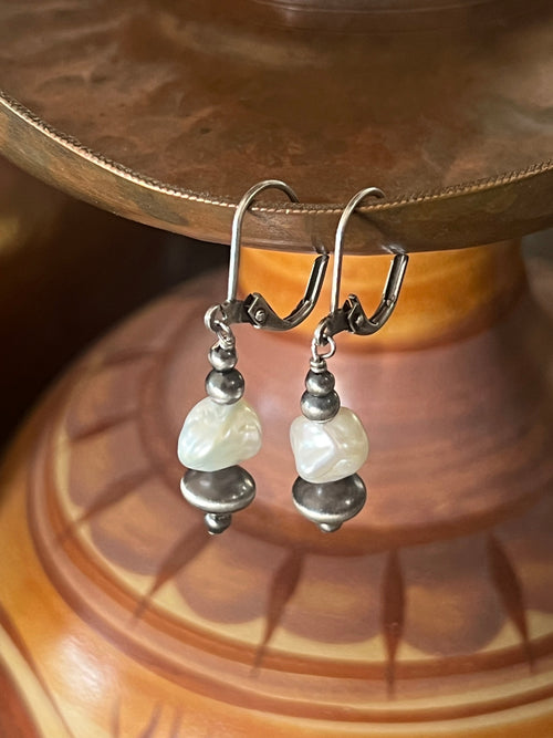 Navajo Made Summer Lovin’ Sterling Silver and Freshwater Pearl Bead Drop Earrings, Leverback