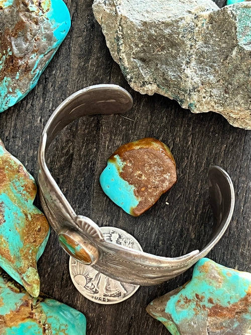Handcrafted & Hand Forged Old Pawn Sterling Silver Ingot Turquoise Cuff Bracelet by Santa Fe Artist, Buffalo: The Royston