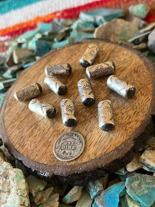 Handmade Stamped Sterling Silver Barrel Beads, The Firework