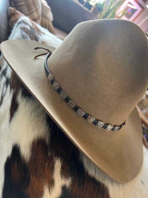 Leather and Sterling Silver Concho Slide Hat Band, Black Leather