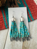 Handcrafted Turquoise & Sterling Silver Pearl Beaded Tassel Dangle Earrings