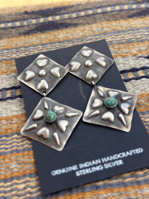 Old Pawn Sterling Silver And Turquoise Concho Heart Dangles