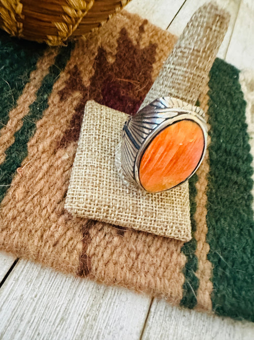 Handcrafted Old Pawn Sterling Silver & Orange Spiny Men’s Ring Size 12