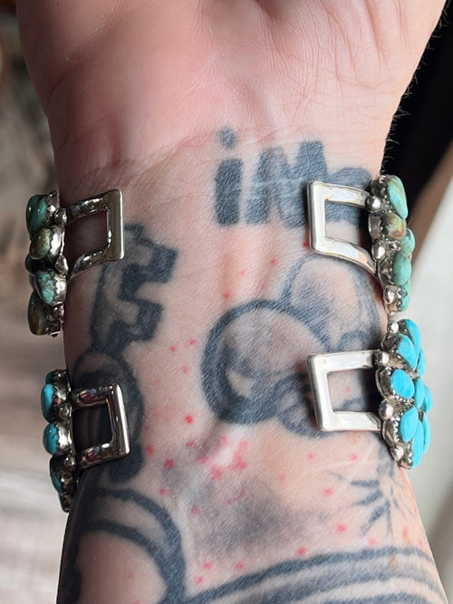 Handcrafted Old Pawn Sterling Silver and Mixed Turquoise Daisy Cluster Cuff Bracelet, Signed MA /