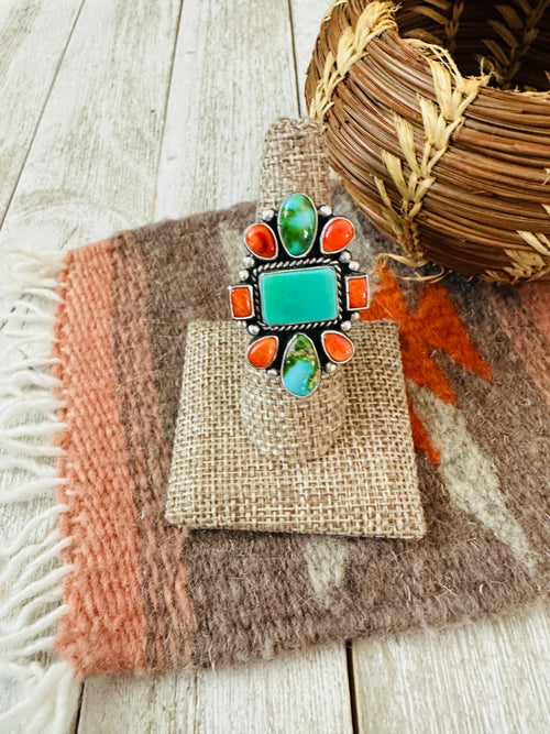 Handcrafted Sterling Silver, Turquoise & Spiny Oyster Ring by Bernyse Chavez and Angela Martin, Size 8