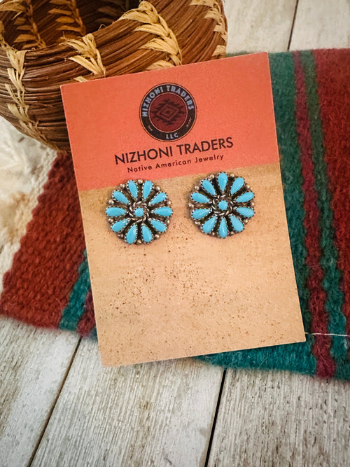 Handcrafted Old Pawn Sterling Silver & Turquoise Cluster Post Earrings