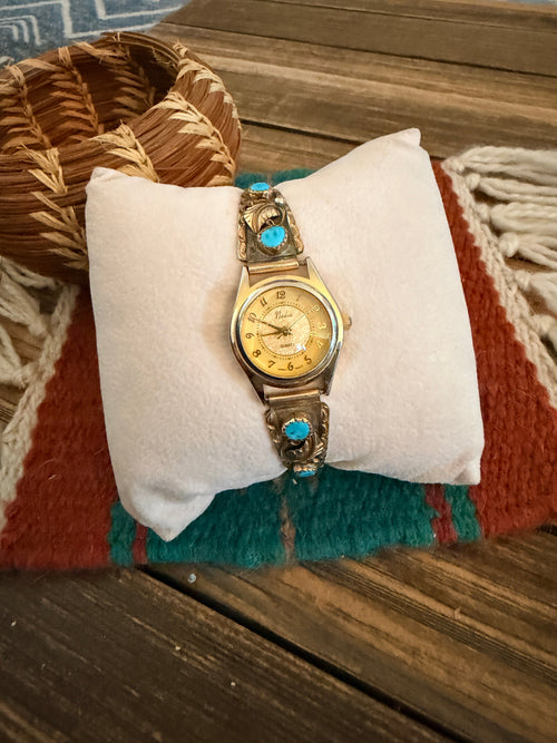 Handcrafted Old Pawn Turquoise & Sterling Silver 12K Gold Plated Watch Cuff
