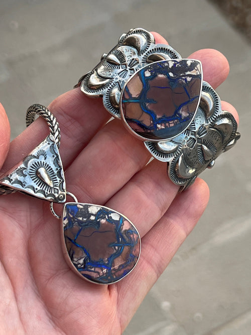 Hand Forged Artisan Sterling Silver & Boulder Opal Cuff Bracelet by Mahkato Silver