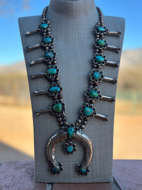 Estate Collection Old Pawn Turquoise & Sterling Silver Squash Blossom Necklace