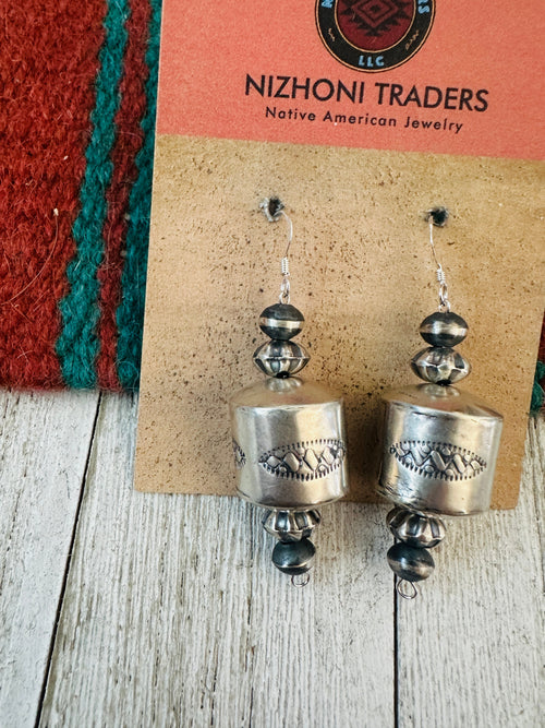 Navajo Hand Stamped Sterling Silver Pearl Dangle Earrings