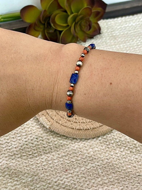 ** 4TH OF JULY ** Handmade Sterling Silver , Coral & Lapis Beaded Bracelet with Signed Nizhoni