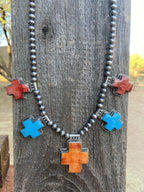 Handcrafted Buffalo Dancer Kingman Turquoise & Spiny Sterling Cross Beaded Necklace Signed