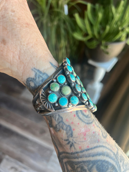 Handcrafted Vintage Sterling Silver and Fox Turquoise Cluster Cuff /