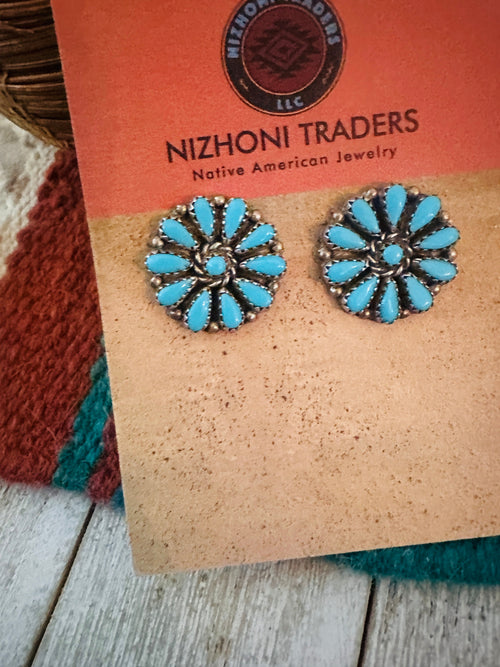 Handcrafted Old Pawn Sterling Silver & Turquoise Cluster Post Earrings