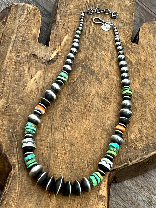 Navajo Made Electric Rainbow Sterling Silver, Turquoise and Spiny Oyster Single Strand Beaded Necklace by Rose Martin, 18 + 2 Inches