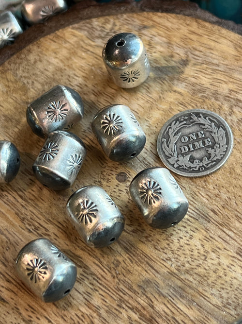 Handmade Stamped Sterling Silver Barrel Beads, High Noon