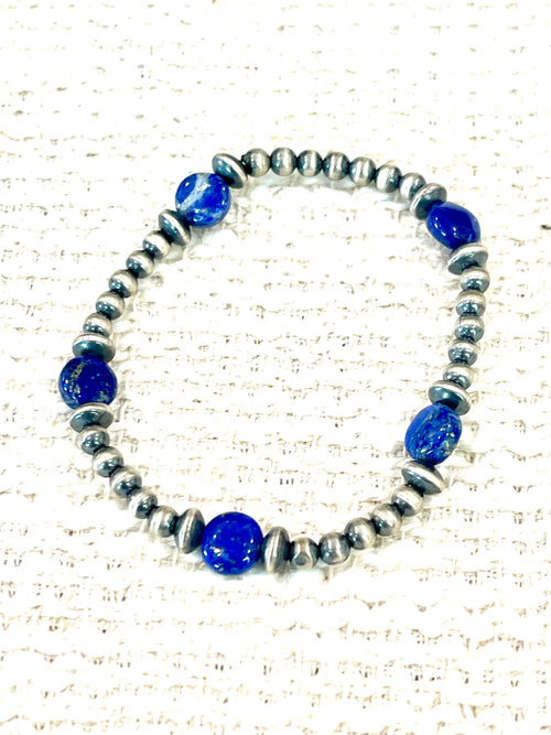 ** 4TH OF JULY ** Handmade Sterling Silver & Lapis Beaded Bracelet Signed Nizhoni