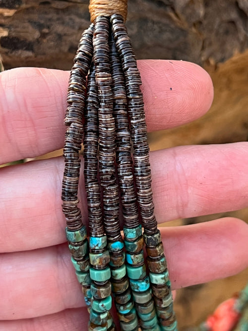 Stunning Santo Domingo Made Five Strand Hubei Turquoise and Spiny Oyster Shell Beaded Necklace with Squaw Wrap
