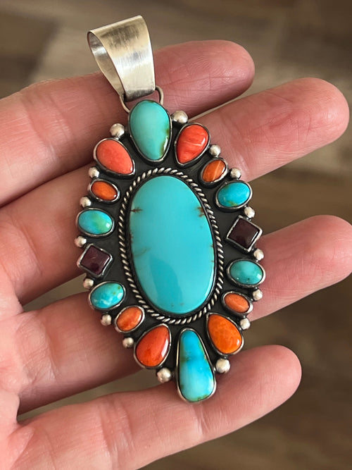 Handcrafted Electric Rainbow Turquoise and Spiny Oyster Pendant by Angela Martin