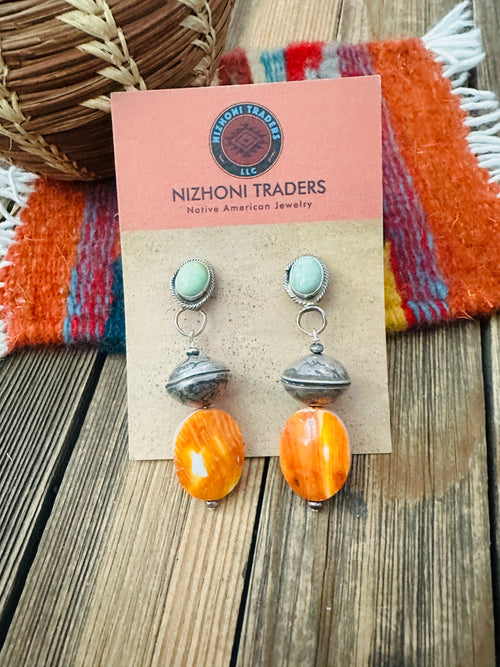 Handcrafted Turquoise, Spiny & Sterling Silver Beaded Dangle Earrings