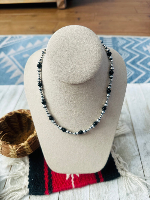 Handcrafted Sterling Silver Pearl & Onyx Beaded 16” Necklace