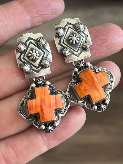 Navajo Sterling Silver and Orange Spiny Oyster Shell Santa Fe Cross Earrings by Murphy Platero