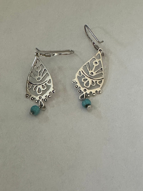Ornate Teardrop Earrings w/ Turquoise Bead