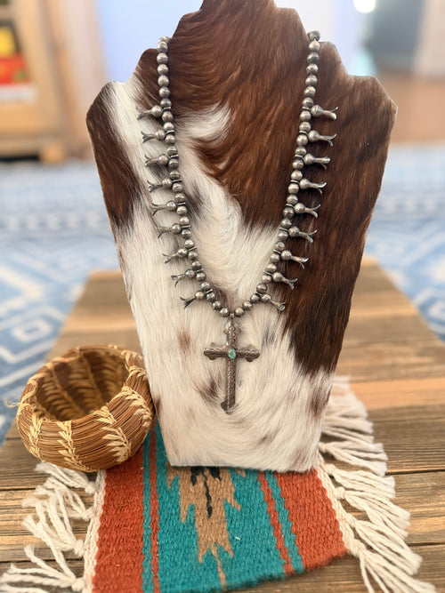 Old Pawn Handcrafted Turquoise & Sterling Silver Cross Squash Blossom Necklace