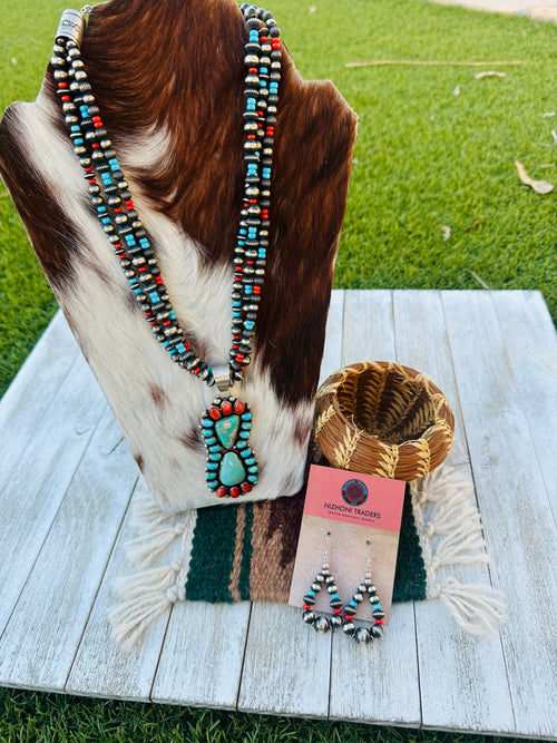 Handcrafted Old Pawn Turquoise, Spiny Oyster & Sterling Silver Beaded Necklace and Earring Set, Signed J