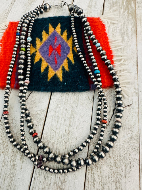 Handcrafted Multi Stone & Sterling Silver Pearl Triple Strand Beaded Necklace 22”