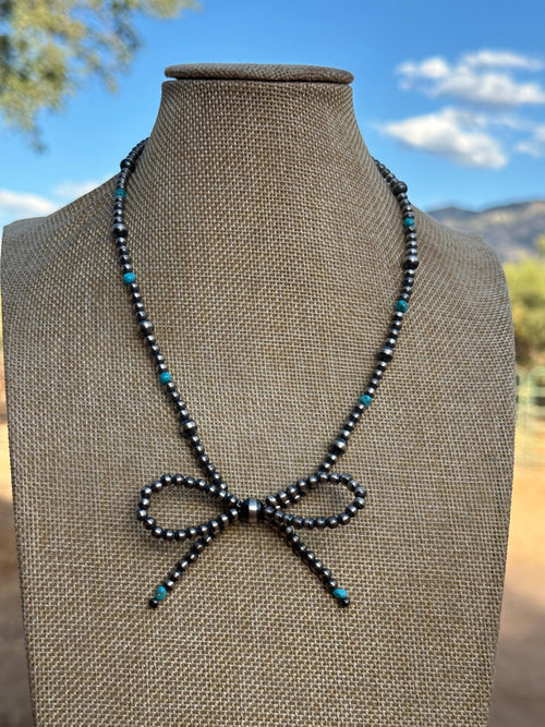 Handmade Sterling Silver & Turquoise Pearl Beaded 3-6 mm Bow Tie Necklace 16-18 inches