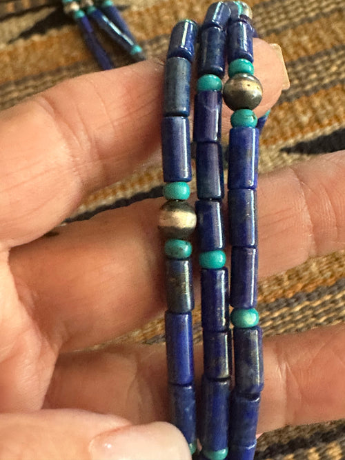 Old Pawn Sterling Silver Lapis and Turquoise Beaded 28 inch Necklace
