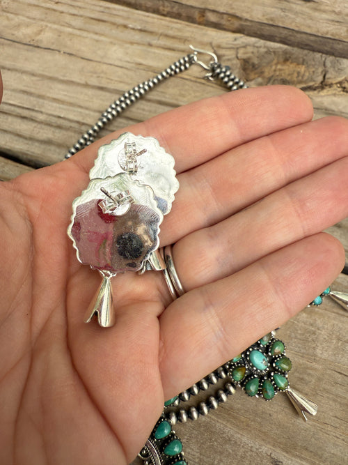 Handmade Beaded Sterling Silver Kingman Turquoise Squash Blossom Necklace Set