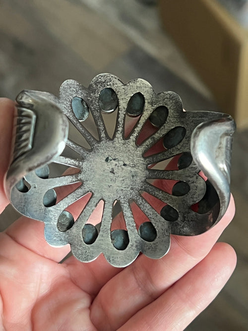 Vintage Cast Sterling Silver and Turquoise Flower Motif Cuff Bracelet