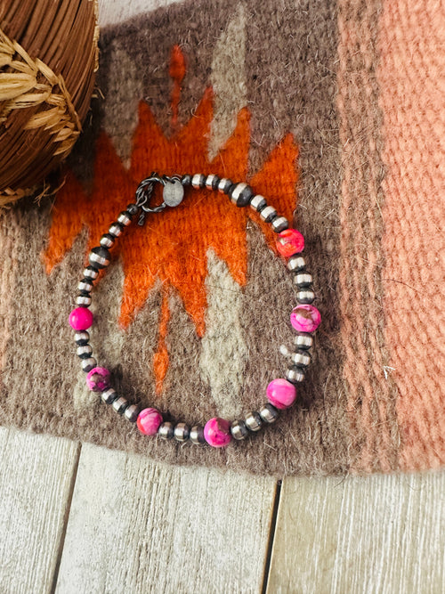 Handcrafted Pink Mojave and Sterling Silver Pearl Beaded Bracelet
