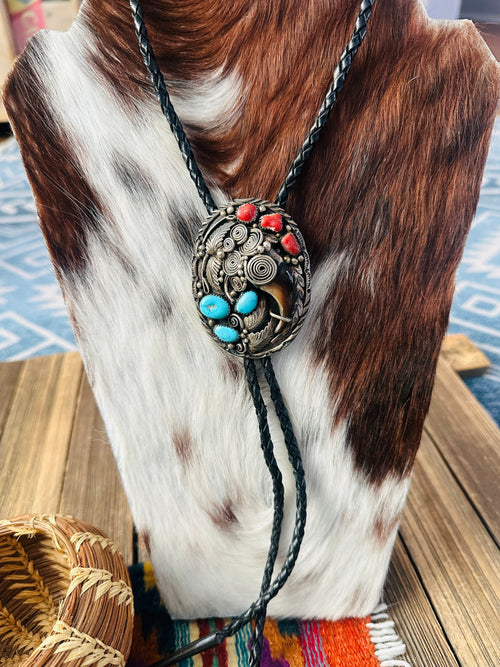 Handcrafted Vintage Old Pawn Sterling Silver, Turquoise & Coral Bolo Tie