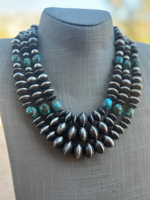 Handcrafted Rose Martin Sterling Silver & Kingman Turquoise Three Strand Necklace