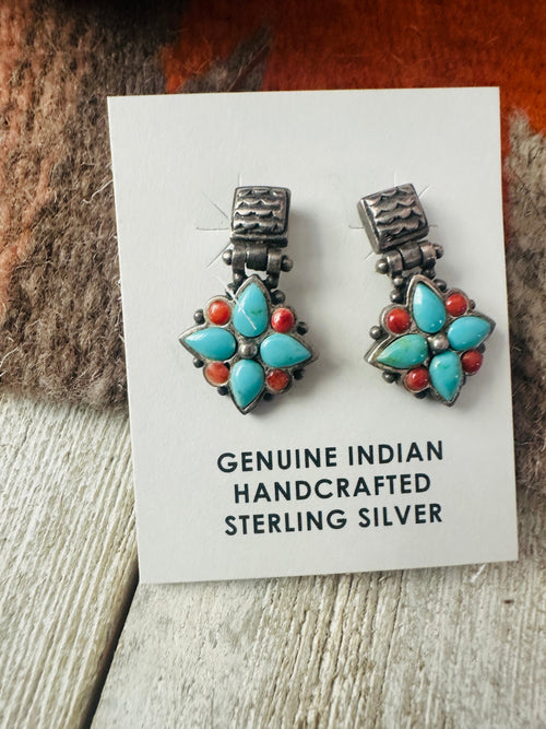 Old Pawn Navajo Sterling Silver, Turquoise & Coral Flower Dangle Earrings