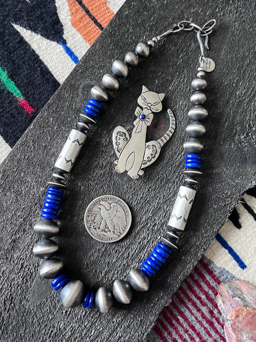 Handcrafted Sterling Silver and Lapis Lazuli Single Strand Beaded Statement Necklace by Rose Martin, 16” + 2”