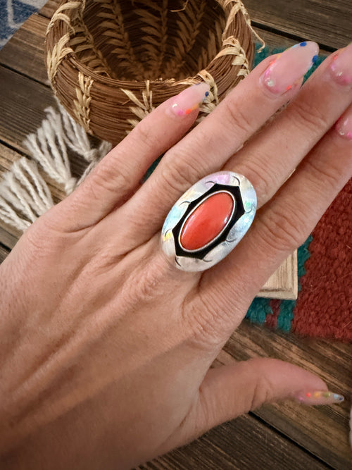 Old Pawn Handcrafted Coral & Sterling Silver Ring Size 5.75