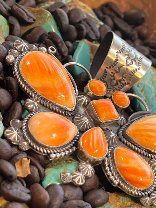 Apache Sterling Silver and Orange Spiny Oyster Shell Butterfly Pendant by Rosella Paxson