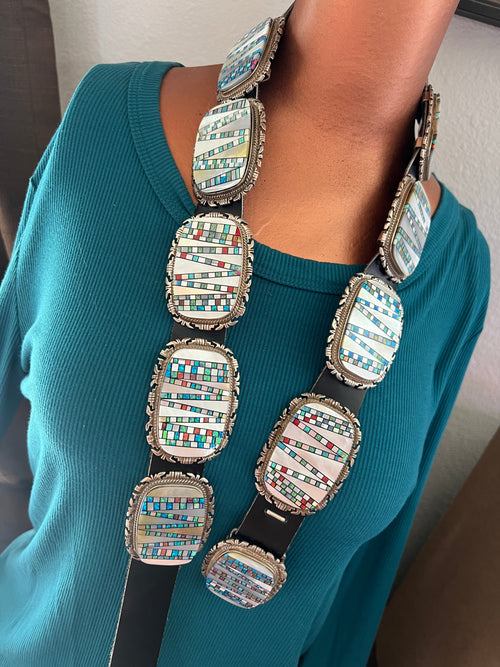 Tremendous Old Pawn Handcrafted Sterling Silver, Mother of Pearl and Opal Inlay Concho Belt by Albert Francisco