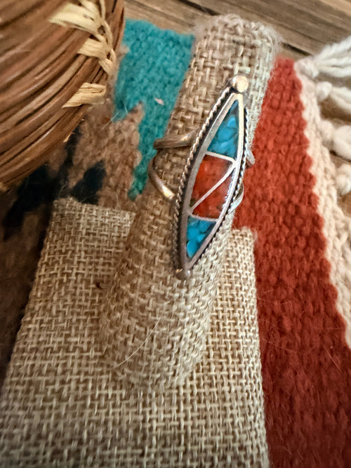 Old Pawn Handcrafted Turquoise, Coral & Sterling Silver Chip Inlay Ring Size 5
