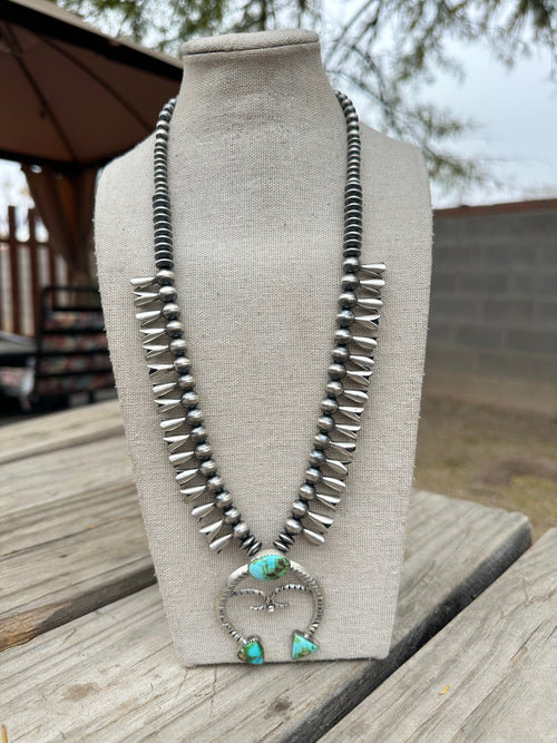 Beautiful Handmade Sterling Silver & Sonoran Mountain Turquoise Squash Blossom Necklace