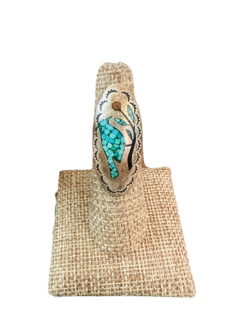 Old Pawn Navajo Sterling Silver, Turquoise & Coral Inlay Bird Ring Size 6
