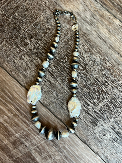 Navajo Sterling Silver and Freshwater Pearl Handmade Beaded Necklace by Rose Martin, 16 Inches