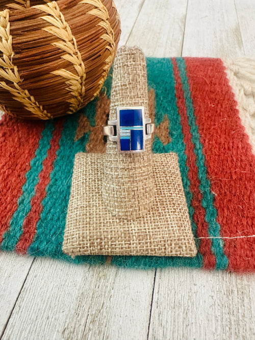 Old Pawn Navajo Sterling Silver, Lapis & Turquoise Inlay Ring Size 7