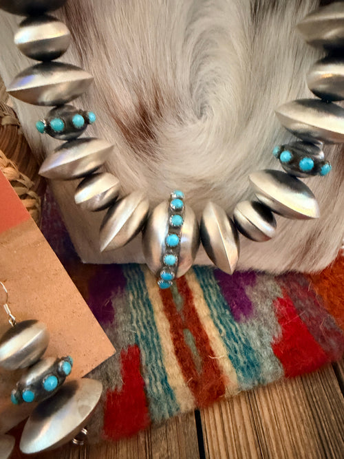 Handcrafted Turquoise & Sterling Silver Beaded Necklace and Earring Set