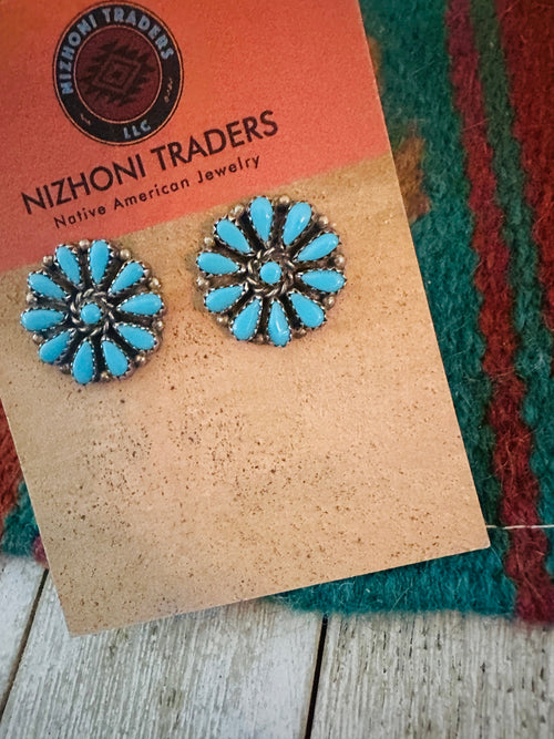 Handcrafted Old Pawn Sterling Silver & Turquoise Cluster Post Earrings